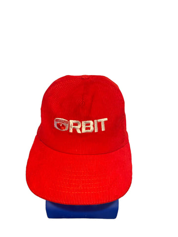 vintage orbit satellite embroidered White script red corduroy snapback hat