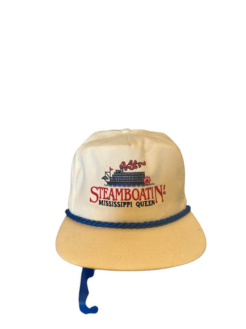 VINTAGE STEAMBOATIN' DELTA QUEEN WHITE SNAPBACK HAT (ONE SIZE) LEATHER STRAP