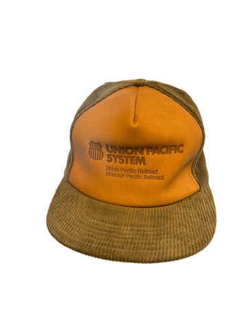 vintage union pacific System leather and corduroy snapback hat In Good Shape