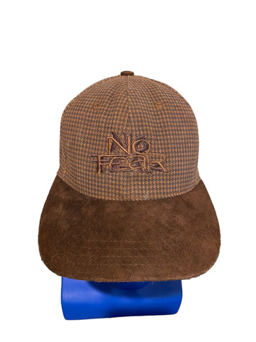 Vintage No Fear 2 Embroidered Scripts Brown Plaid W Brown Brim Snapback Hat