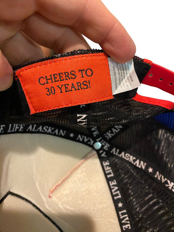 alaskan brewing 30 years patch puff red and black trucker hat snapback