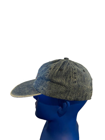 vintage nissin the den embroidered script denim adjustable strap hat long brim