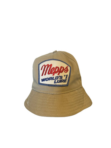 vintage mepps world #1 lure patch bucket hat tan color size m Made In The USA