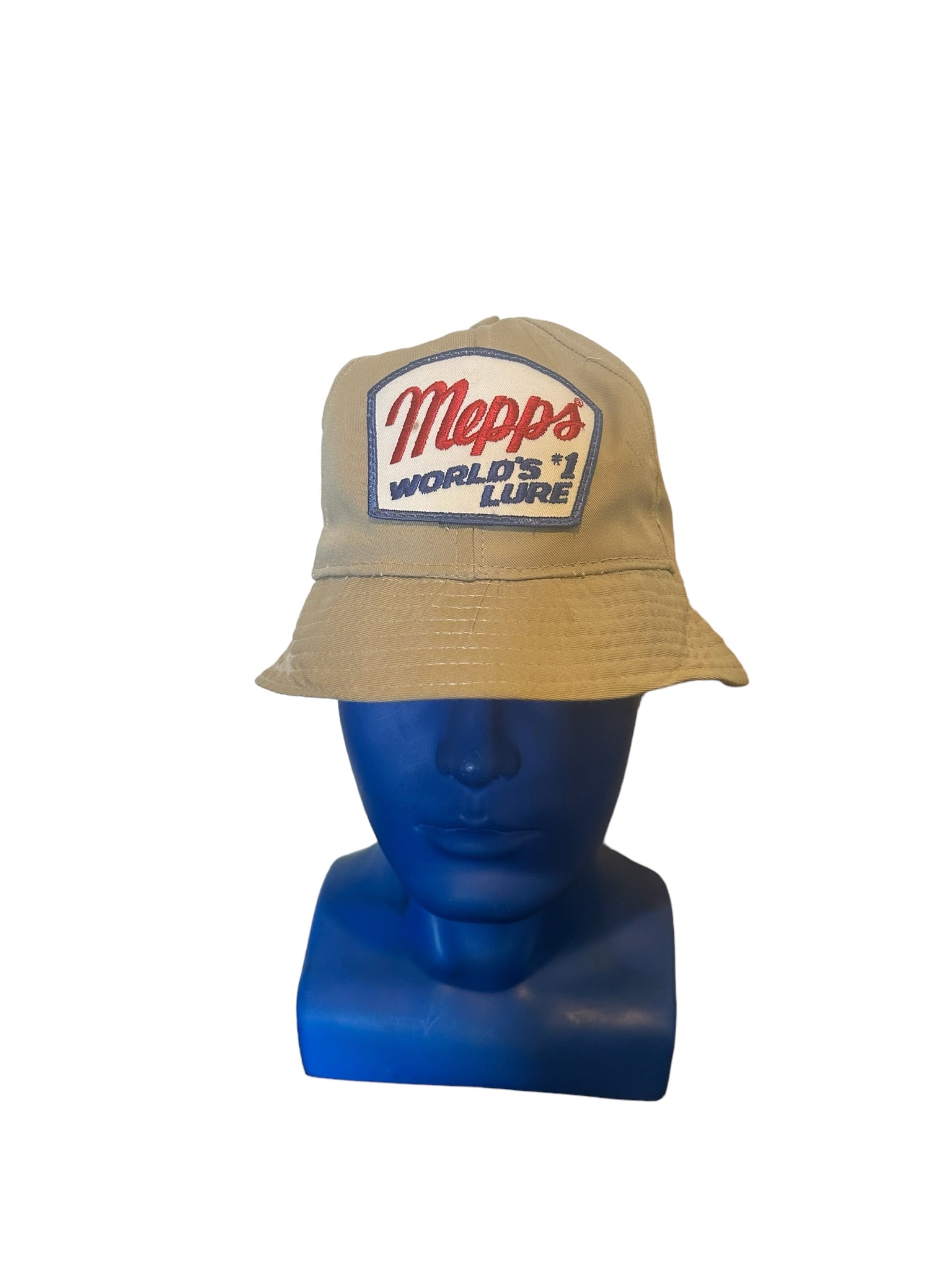 vintage mepps world #1 lure patch bucket hat tan color size m Made In The USA