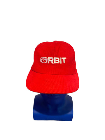 vintage orbit satellite embroidered White script red corduroy snapback hat