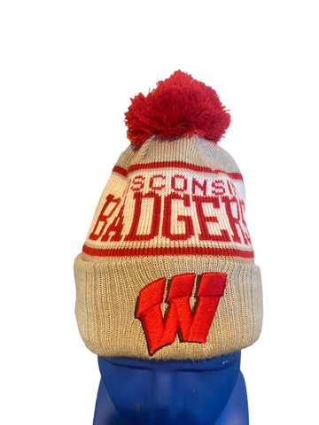 Wisconsin Badgers New Era Stripe Cuffed Knit Hat with Pom - Gray