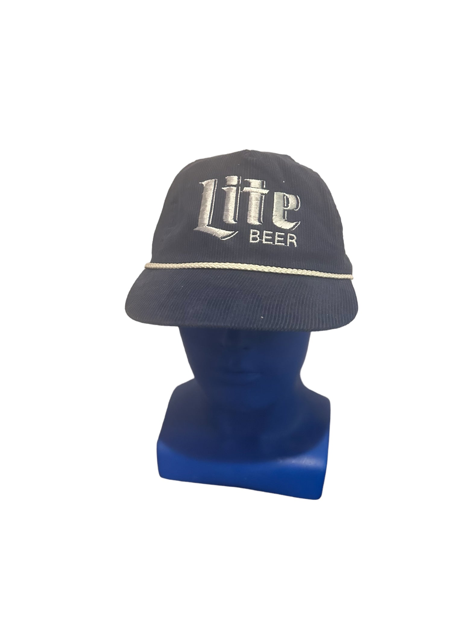Vintage Miller Lite Beer Blue Corduroy Leather Strap Back Embroidered Hat - EUC