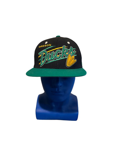 zephyr oregon duck embroidered script and logo black and green snapback hat