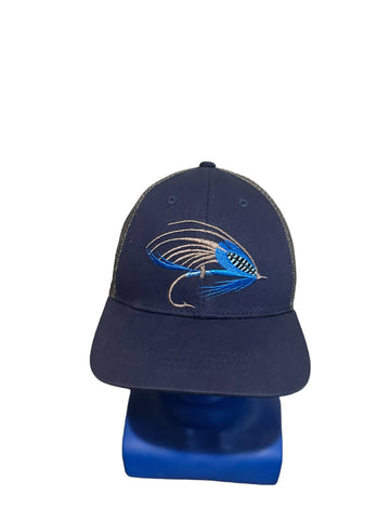 REP YOUR WATER DARK BLUE Trucker SNAPBACK HAT WITH EMBROIDERED FISHING FLY