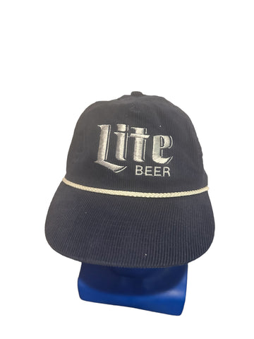 Vintage Miller Lite Beer Blue Corduroy Leather Strap Back Embroidered Hat - EUC