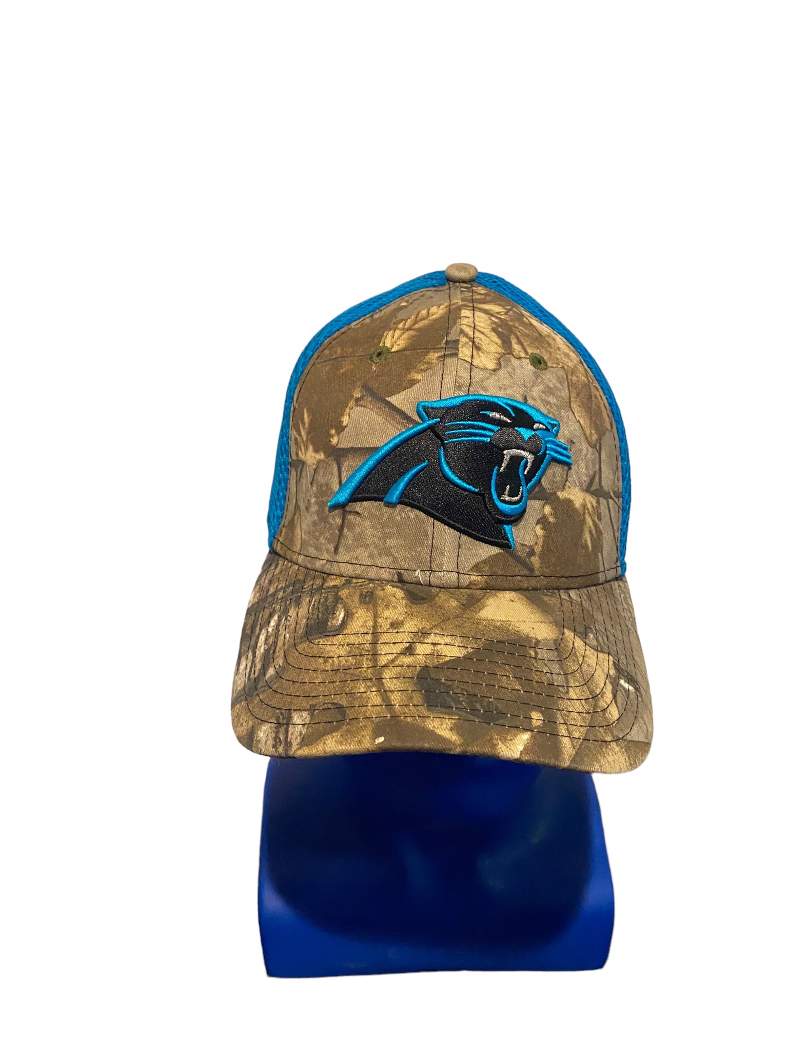 new era carolina panthers embroidered patch logo camo and blue fitted m/l hat