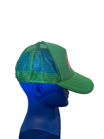 vintage four corners comedy festival pink script green trucker hat snapback
