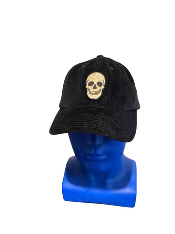 skull patch on back hooch booch script black corduroy adjustable strap hat