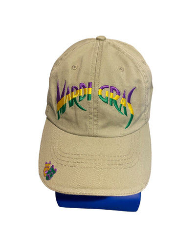 vintage mardy gras purple yellow green embroidered script adjustable strap hat