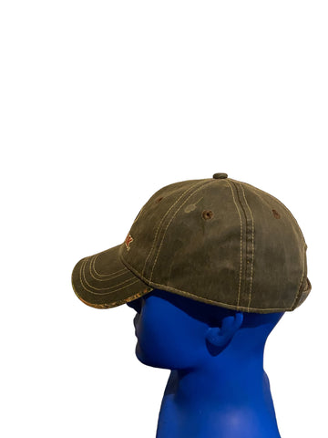 mossy oak embroidered logo and script suede look adjustable strap hat camo brim