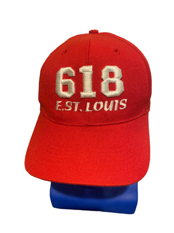 618 E.st. Louis Embroidered white Script Adjustable Strap Red Hat