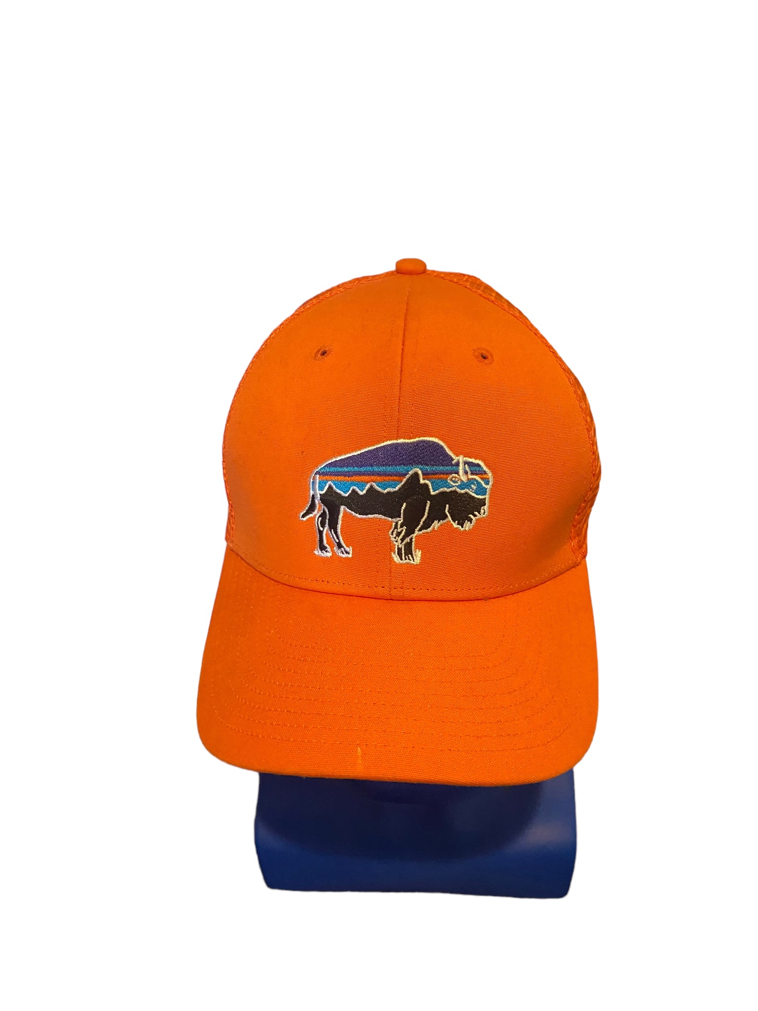 Patagonia Blaze Orange Fitz Roy Bison Buffalo Trucker Hat Mesh Snapback RARE