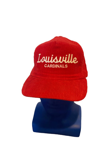 Vintage Louisville Cardinals Embroidered White Script Red Corduroy Snapback Hat