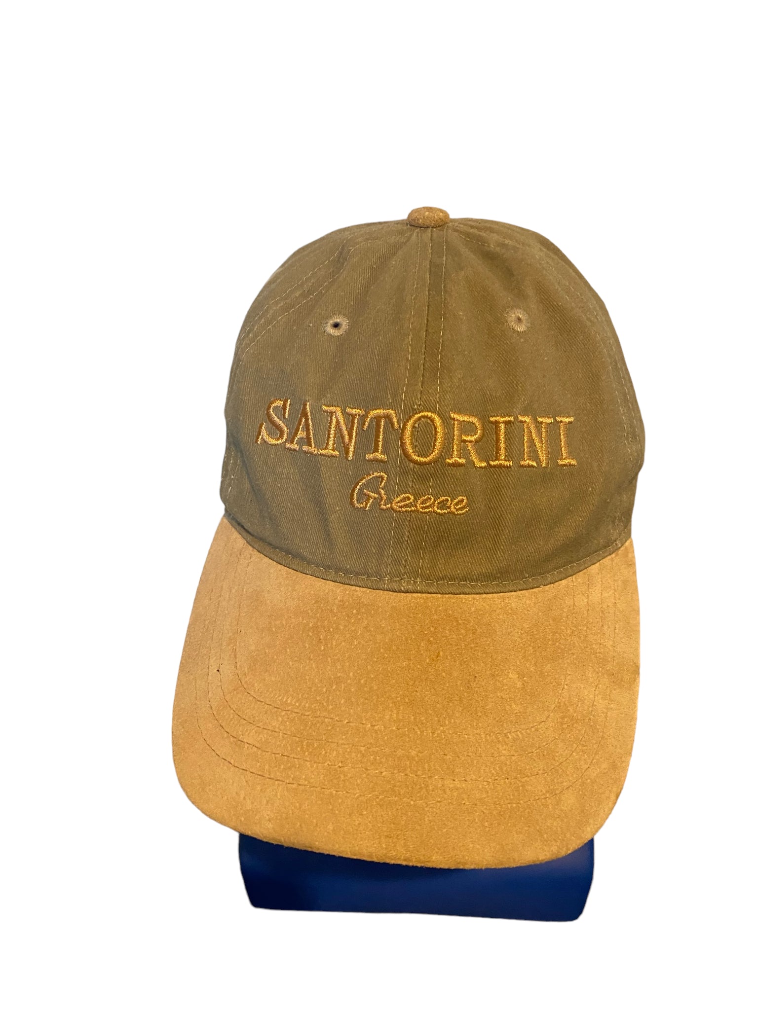 vintage santorini greece embeoidered script adjustable strap hat