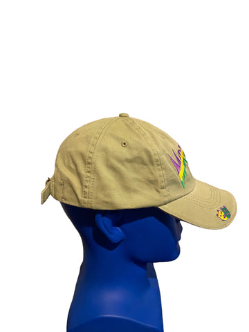 vintage mardy gras purple yellow green embroidered script adjustable strap hat
