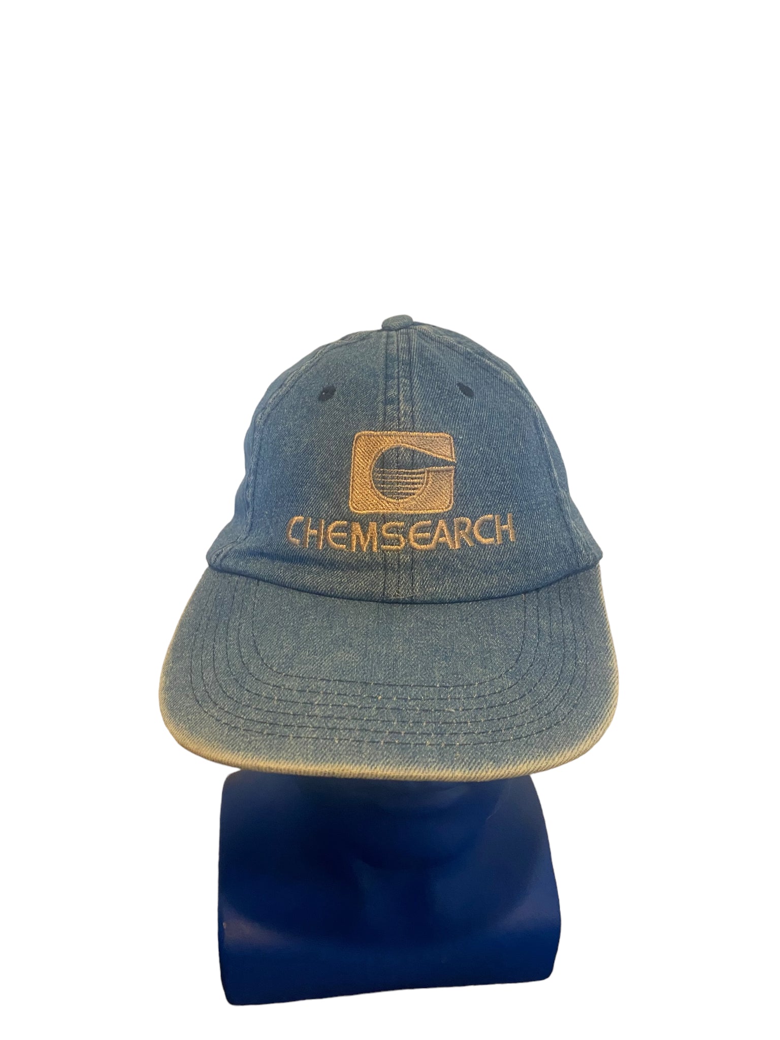 rare vintage chemsearch embroidered logo and script adjustable strap denim hat