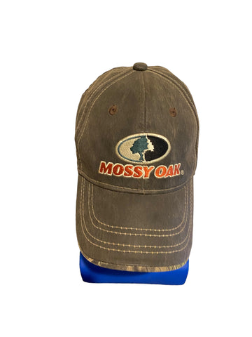 mossy oak embroidered logo and script suede look adjustable strap hat camo brim