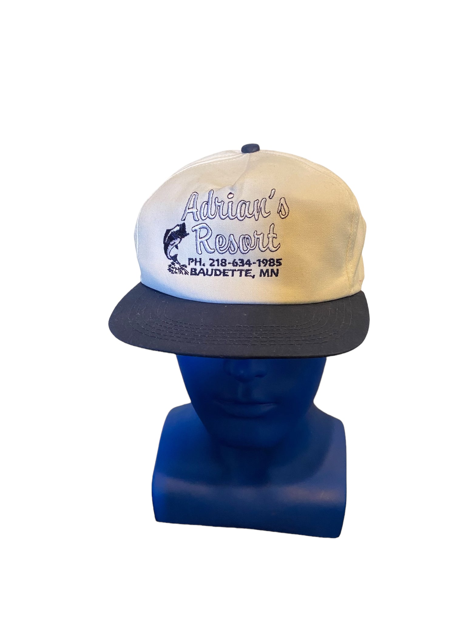 Vintage K Products Adrians Resort Minnesota Embroidered white blue snapback hat