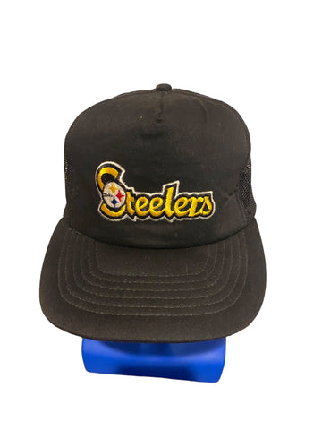 vintage nfl pittsburgh steelers embroidered logo and script trucker hat snapback