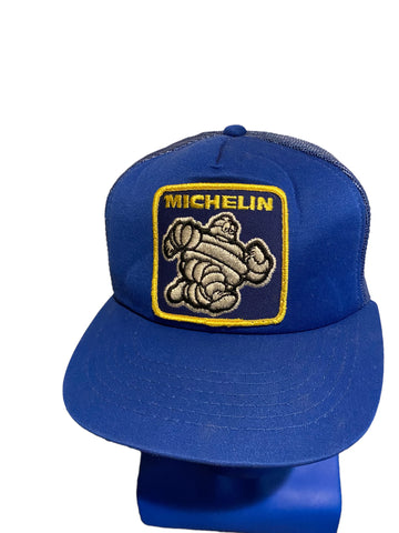 Vintage Yr Brand Michelin Man Patch Full Mesh Trucker Snapback Hat Blue Yellow
