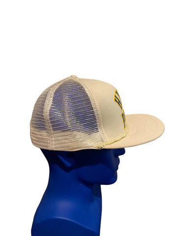 vintage hyde park puff print yellow blue script white rope trucker hat snapback