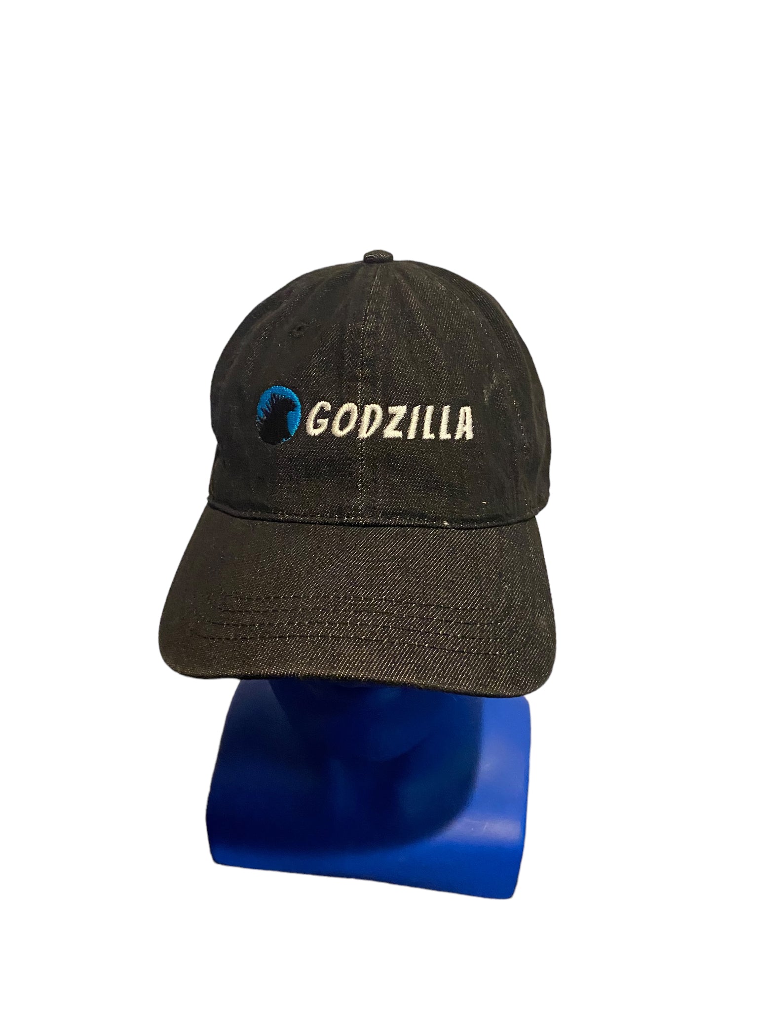 black denim godzilla script and logo embroidered adjustable strap hat