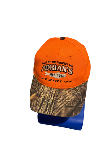 lake of the woods mn adrians est 1952 orange and camo adjustable strap hat