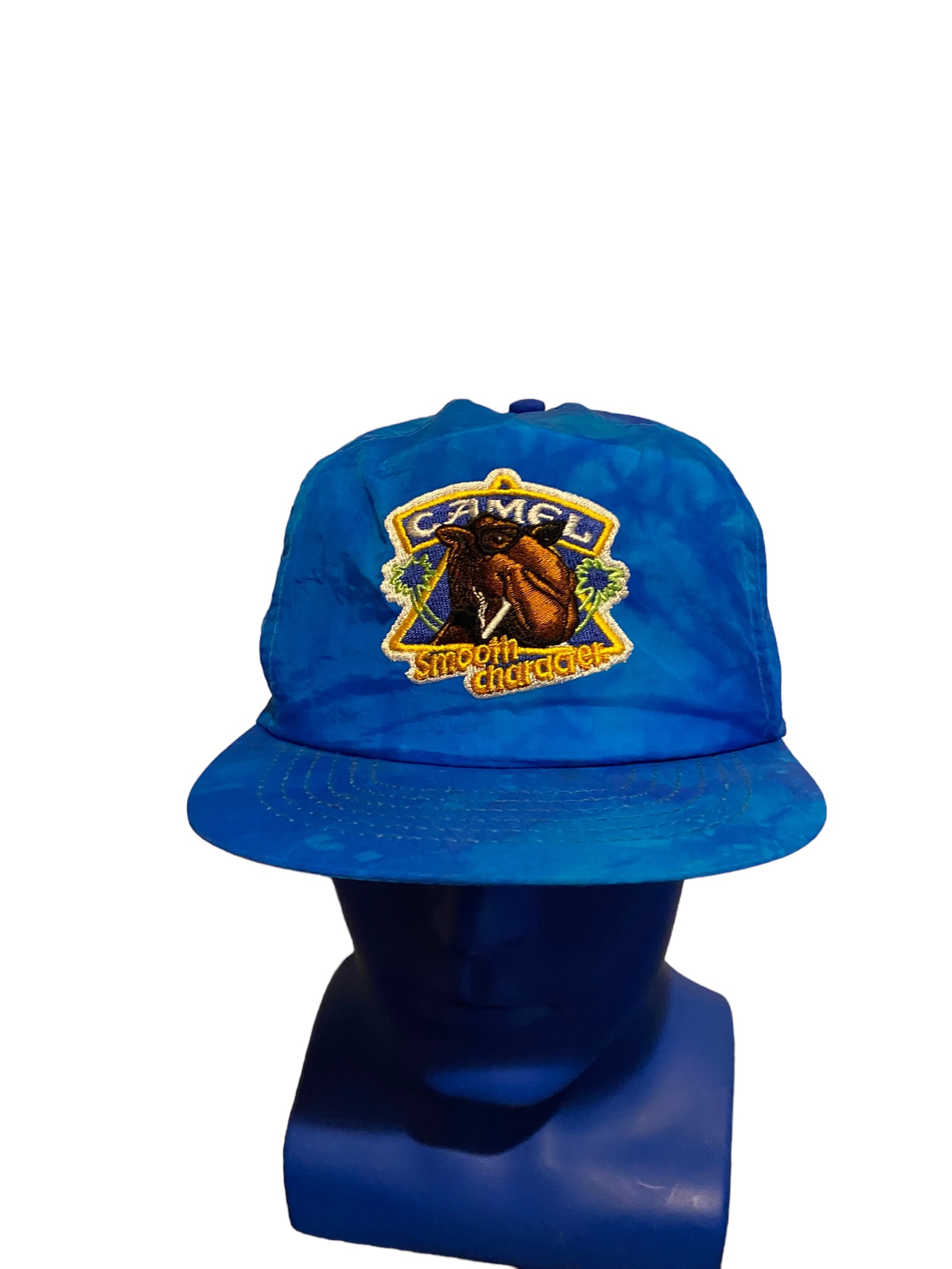 Vintage Joe Camel Cigarettes Smooth Character SnapBack Hat Blue Tie Dye (small)