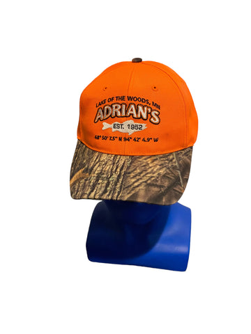 lake of the woods mn adrians est 1952 orange and camo adjustable strap hat