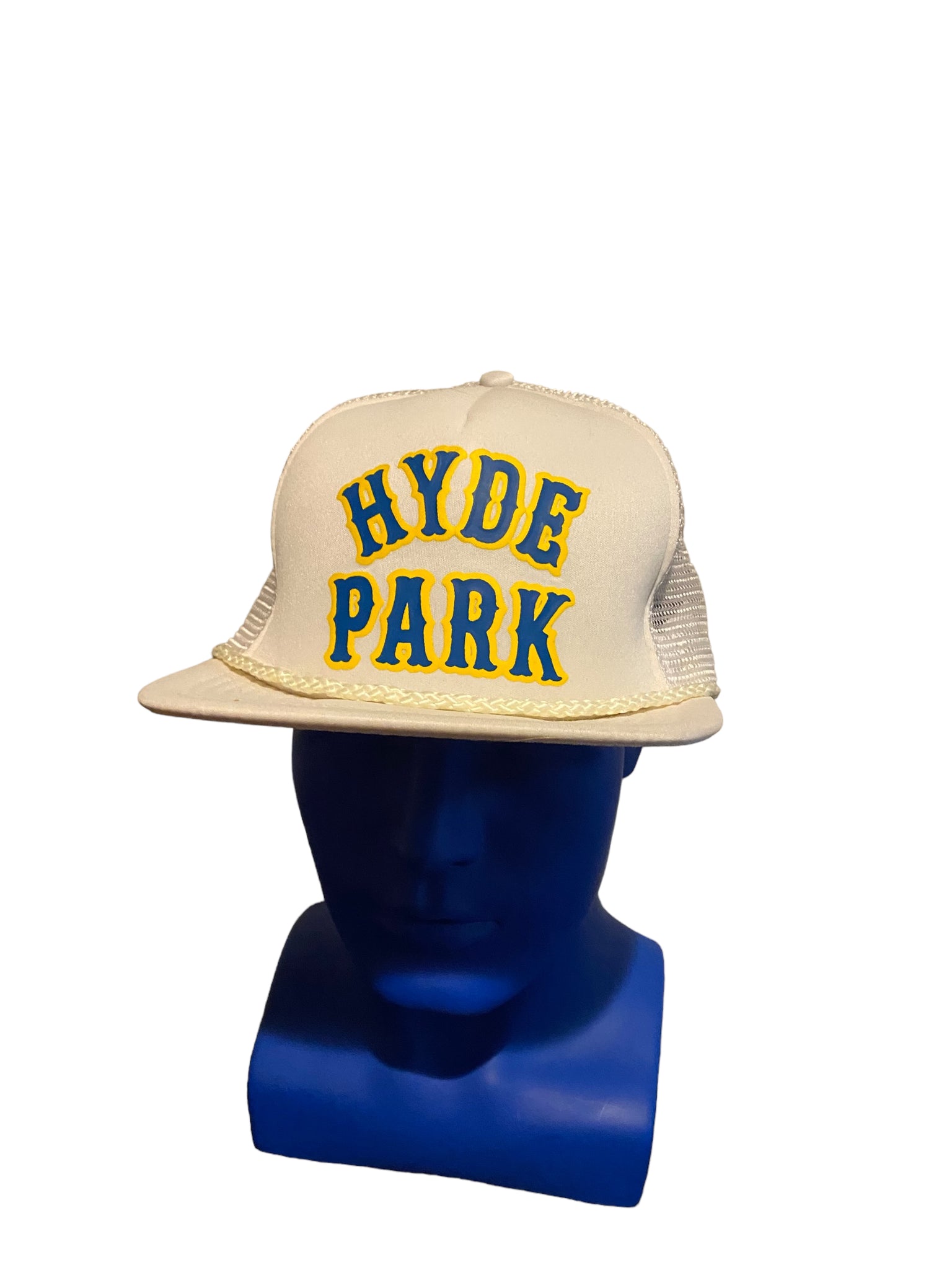 vintage hyde park puff print yellow blue script white rope trucker hat snapback