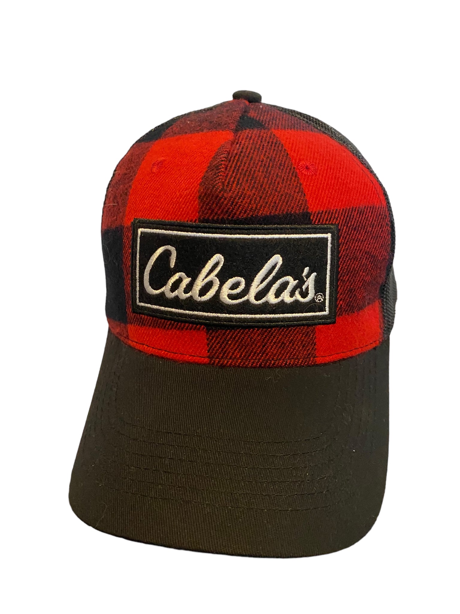Cabelas Trucker Hat Cap Buffalo Plaid Black And Red Checker Pattern Mesh Hat