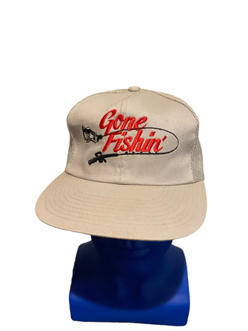 Vintage Gone Fishin’ Gray Mesh Snapback Trucker Cap Hat Made In Korea