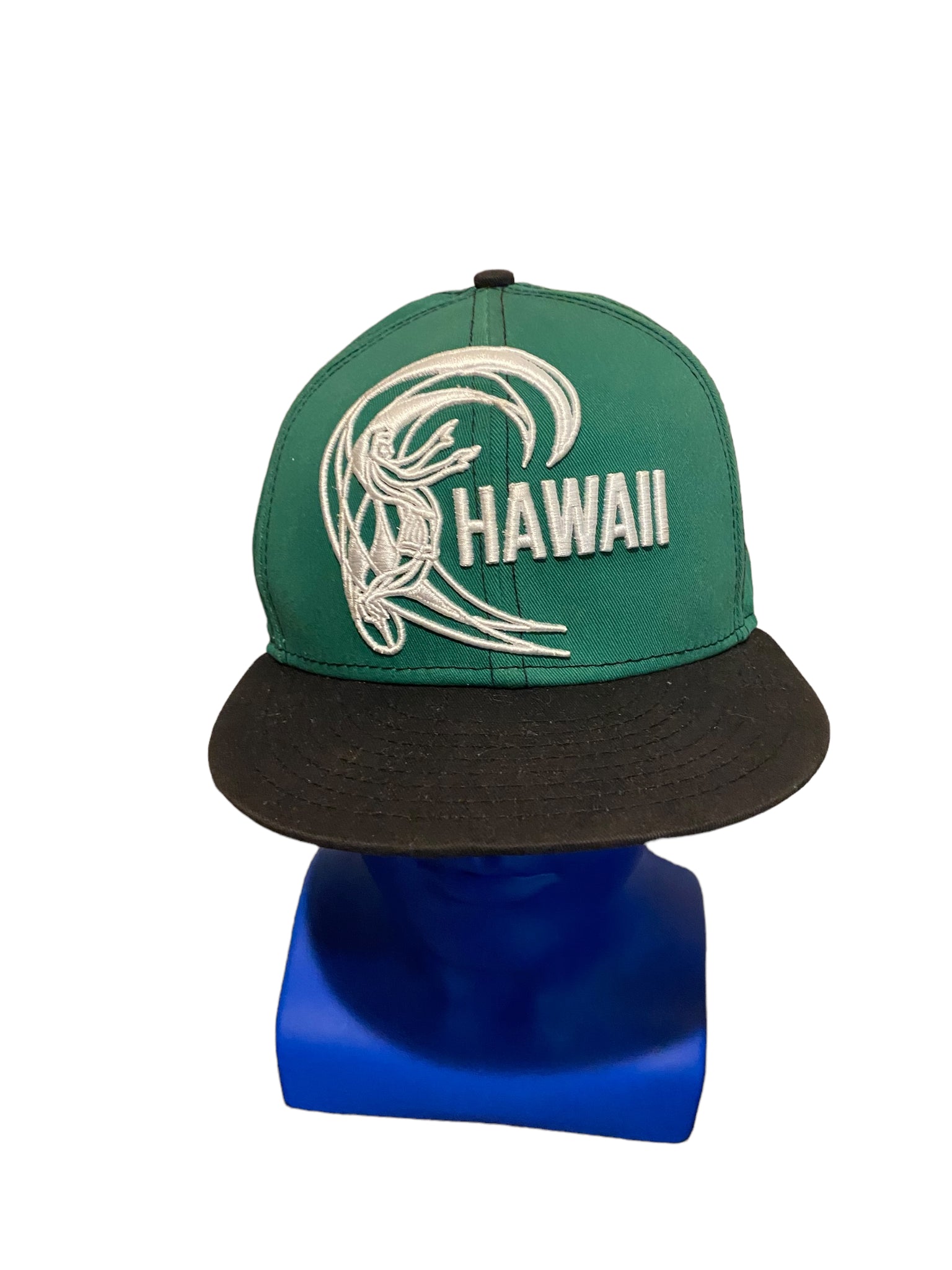 new era hawaii script and surfer and wave embroidered snapback hat Green N Black